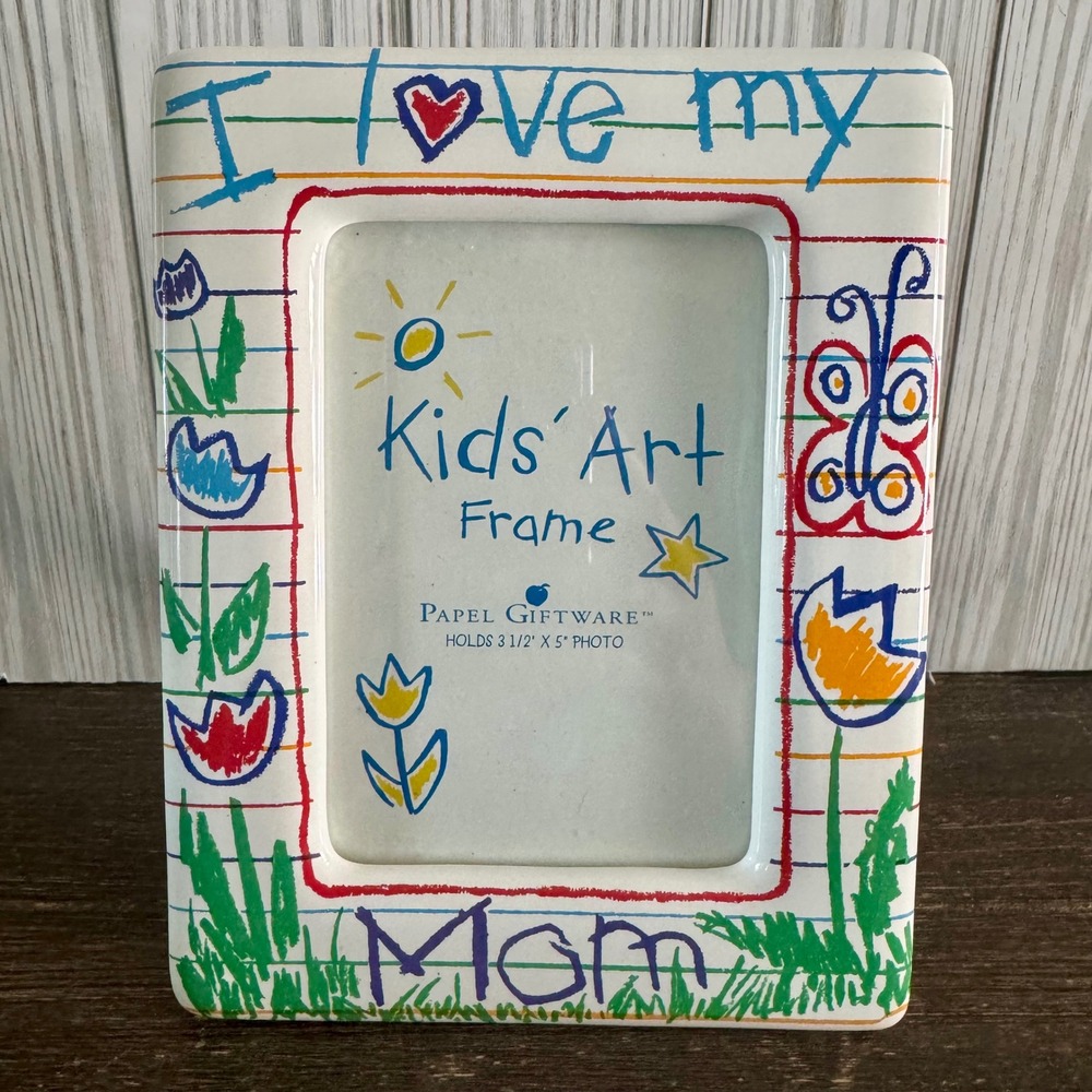 I Love My Mom Ceramic Photo Frame Kids Art Style 3.5x5 White Papel Giftware